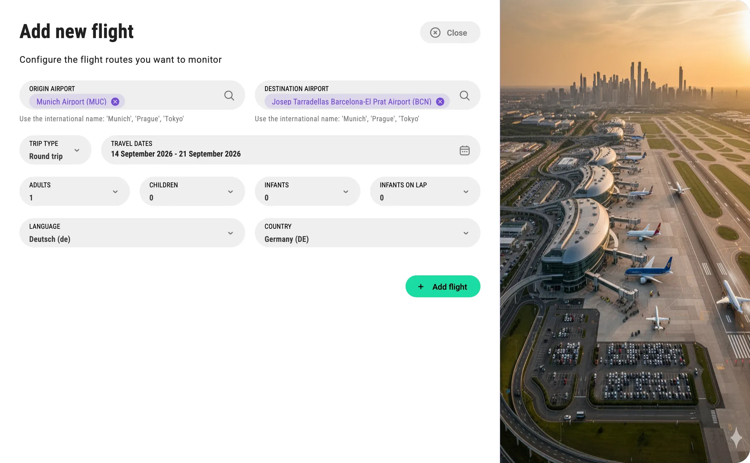 The Add new flight form: origin and destination airports, trip type, travel dates and passengers