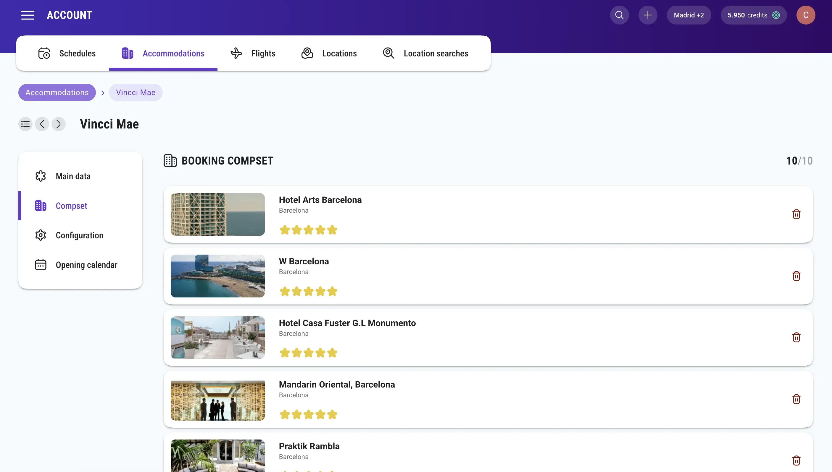 The comp set of a hotel on its detail: ten competitors attached, each with its city and star rating, and the 10/10 counter