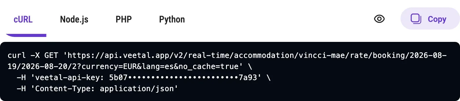 The generated cURL, with the API key masked