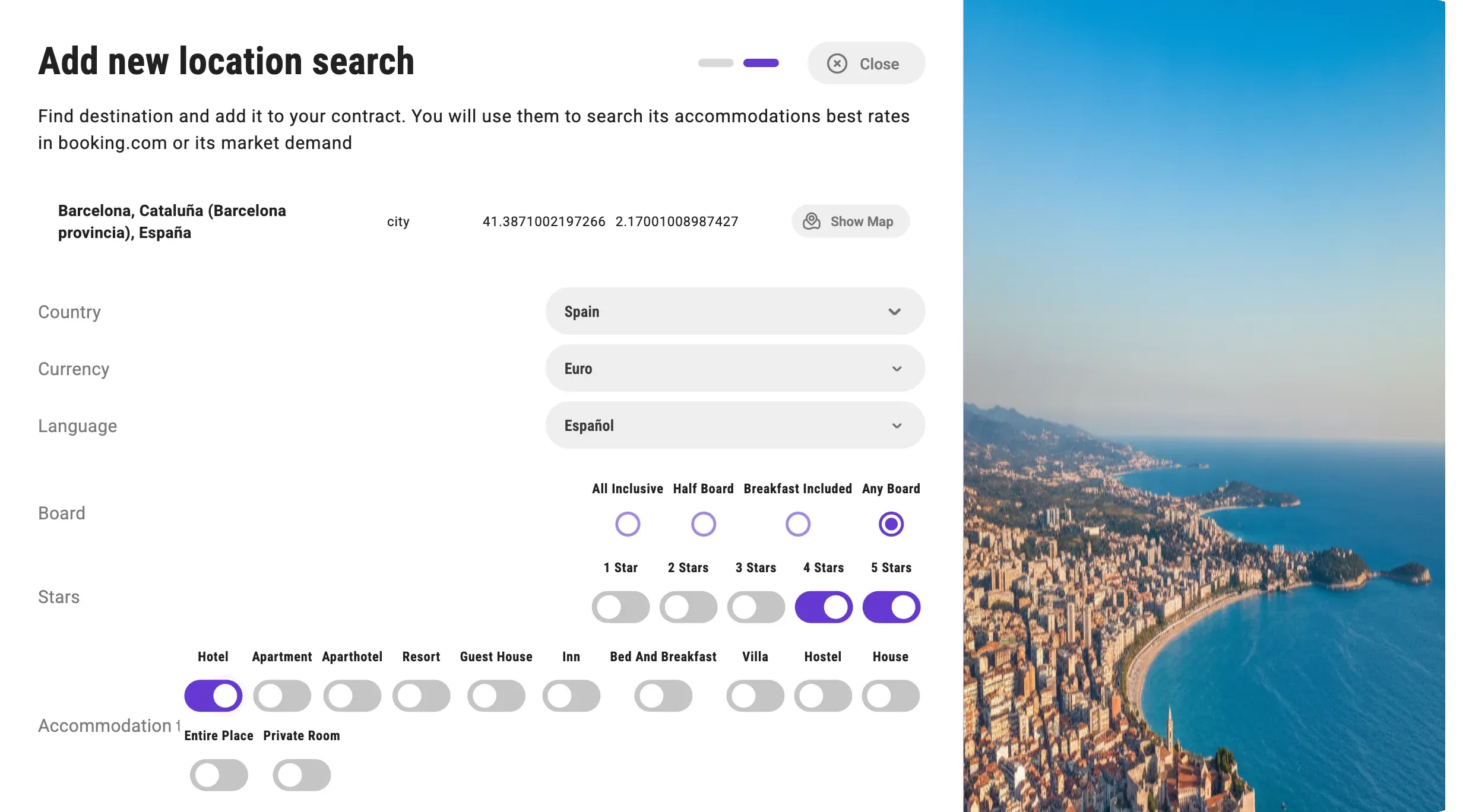 The search parameters