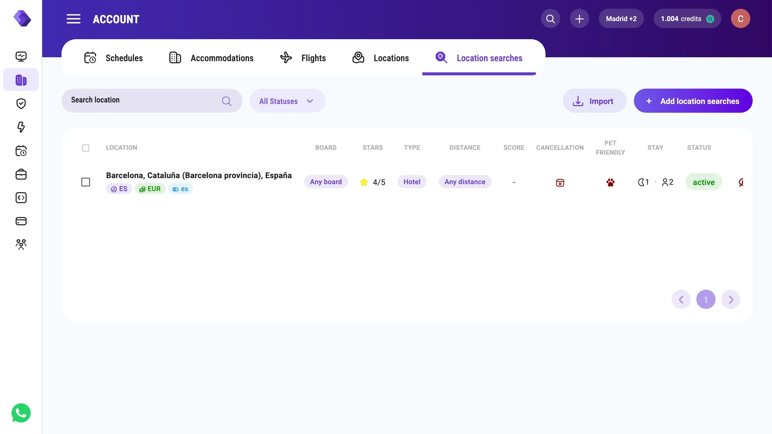 The created location search with its filters